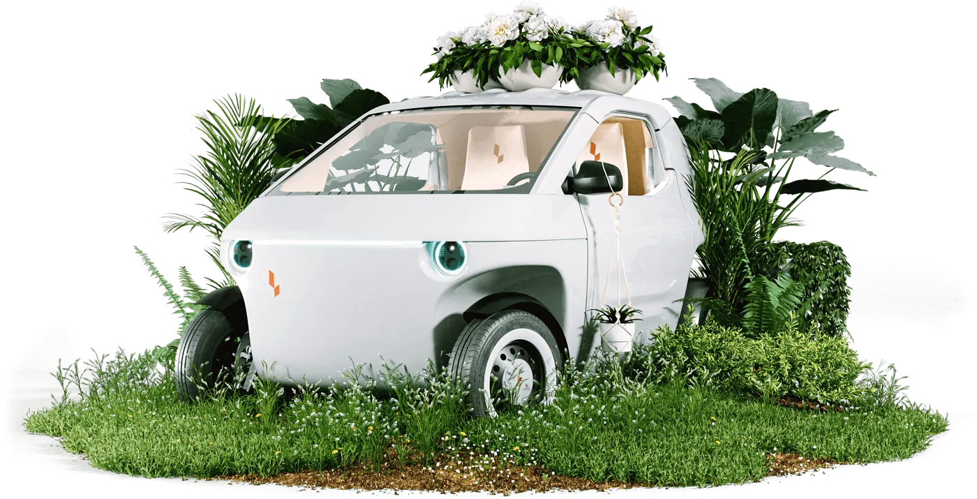 Luvly O i vitt med grönska runt bilen, produktbild.